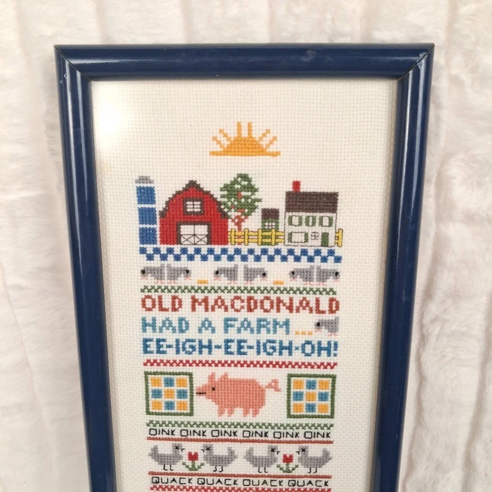 Vintage Old MacDonald Had a Farm Framed Cross Stitch Sampler Folk Art Wall READ